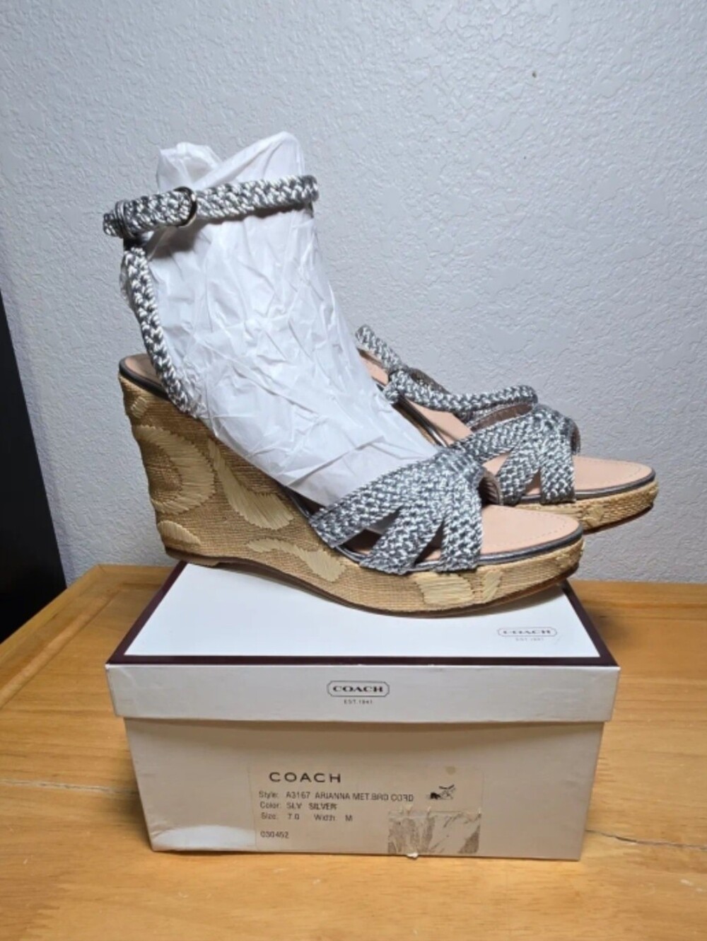 COACH Arianna Metalkuc Braided Cord Wedge Sandal 7 NEW In Box